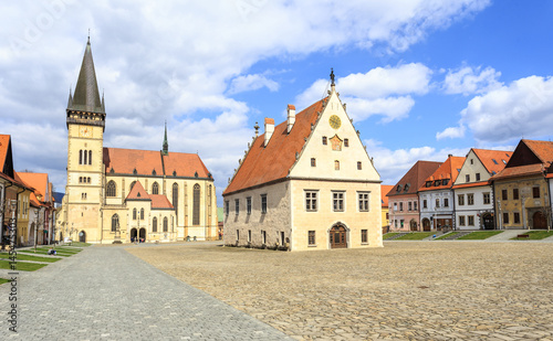 Old Town Square in Bardejov, Slovakia. In the middle of market is gothic-renaissance town hall. From north market closes gothic church (Basilica) of Saint Giles