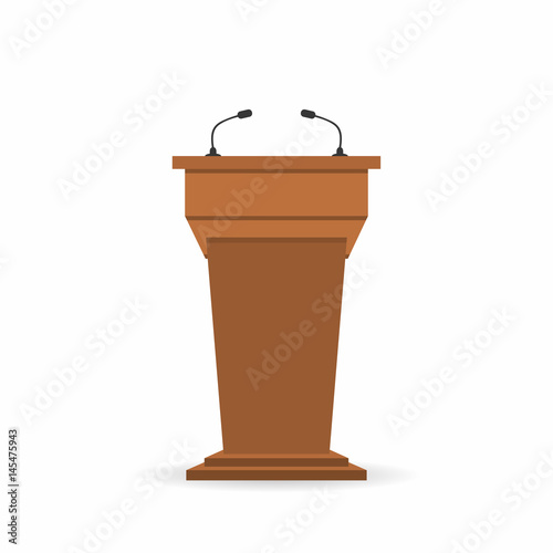 Wooden podium tribune stand rostrum with microphones. Back view from audiences side. Vector illustration