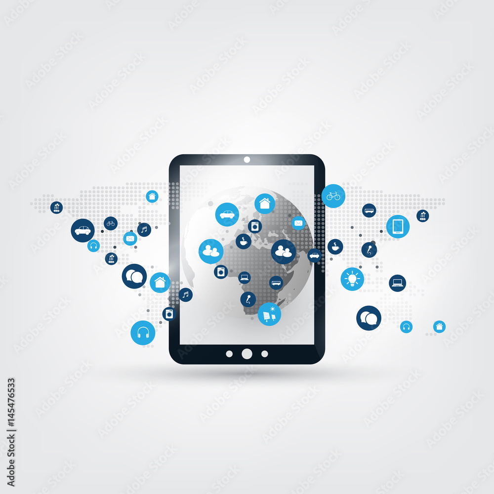 Internet of Things, Cloud Computing Design Concept with Icons - Digital Network Connections, Technology Background