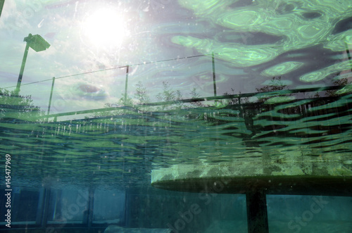 Blue water and sky reflection in aquarium