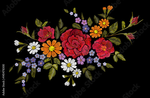 Embroidery flower rose poppy daisy gerbera herb sticker patch fashion print textile vector illustration