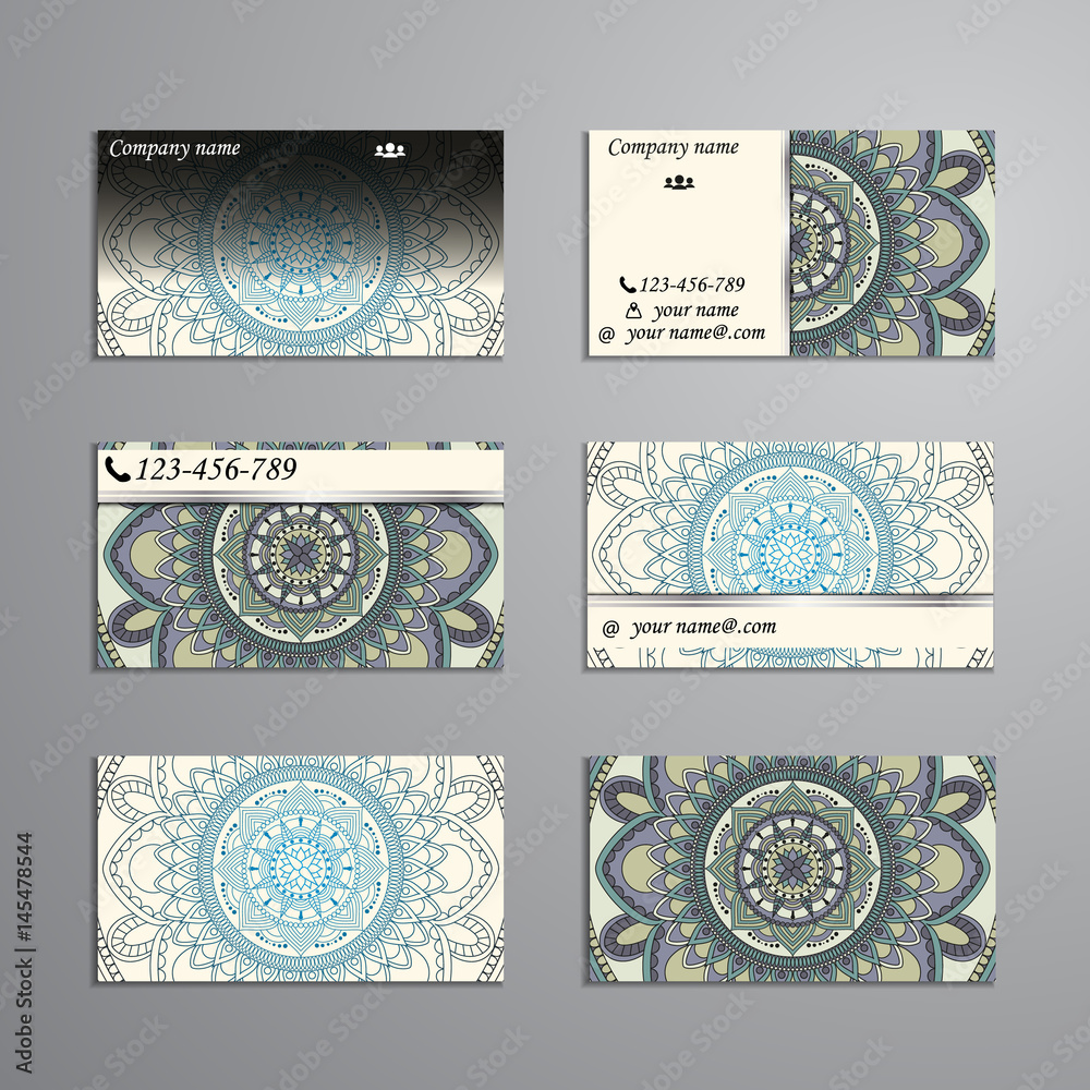 Fototapeta premium visiting card and business card big set. Floral mandala pattern and ornaments. Oriental design Layout, ottoman motifs. Front page and back page.