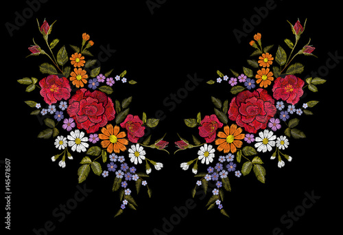 Embroidery flower rose poppy daisy gerbera herb sticker patch fashion print textile vector illustration neckline