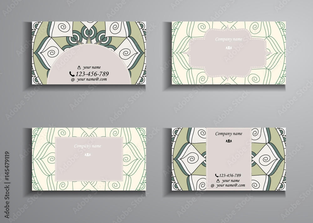 visiting card and business card big set. Floral mandala pattern and ornaments. Oriental design Layout, ottoman motifs. Front page and back page.