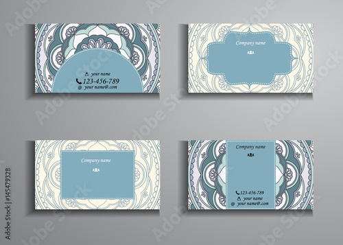 visiting card and business card big set. Floral mandala pattern and ornaments. Oriental design Layout, ottoman motifs. Front page and back page.