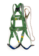 Closeup fall protection Hook harness and lanyard for work at heights on white background.