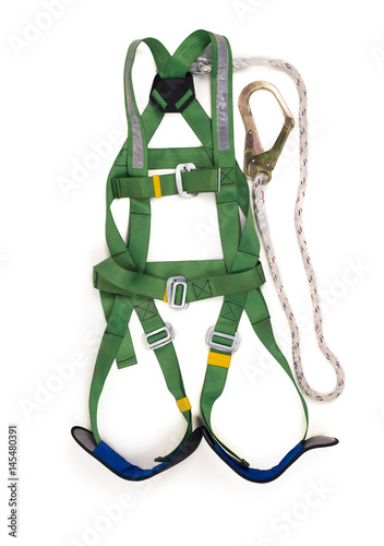 Closeup fall protection Hook harness and lanyard for work at heights on white background.