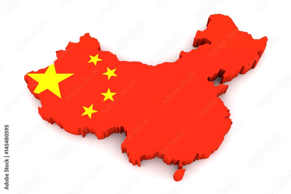 Country shape of China - 3D render of country borders filled with colors of China flag isolated on white background Country shape of China - 3D render of country borders filled with colors of China flag isolated on white background