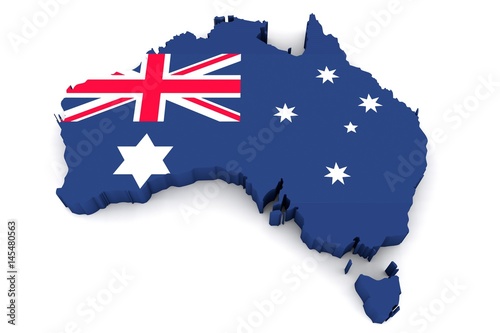 Country shape of Australia - 3D render of country borders filled with colors of Australia flag isolated on white background