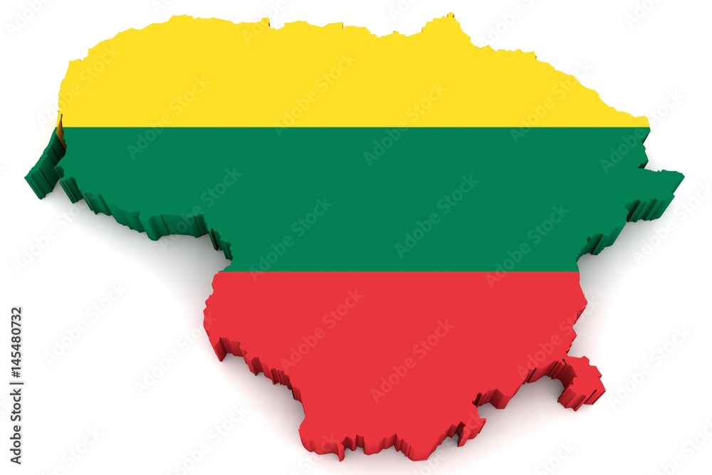 Country shape of Lithuania - 3D render of country borders filled with colors of Lithuania flag isolated on white background Country shape of Lithuania - 3D render of country borders filled with colors of Lithuania flag isolated on white background