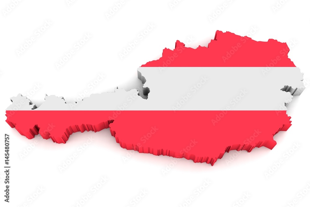 Country shape of Austria - 3D render of country borders filled with colors of Austria flag isolated on white background