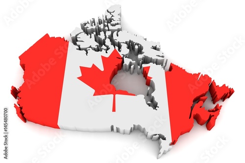 Country shape of Canada - 3D render of country borders filled with colors of Canada flag isolated on white background