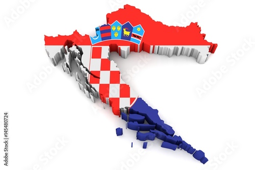 Country shape of Croatia - 3D render of country borders filled with colors of Croatia flag isolated on white background
