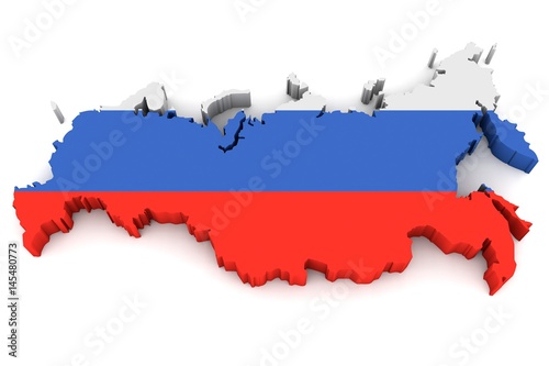 Country shape of Russia - 3D render of country borders filled with colors of Russia flag isolated on white background