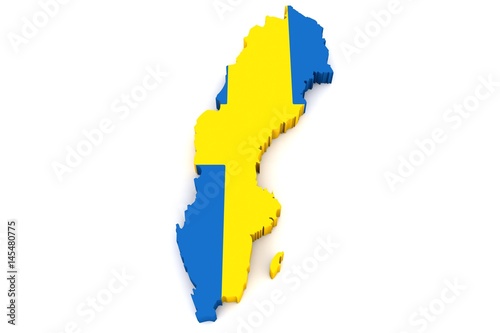 Country shape of Sweden - 3D render of country borders filled with colors of Sweden flag isolated on white background