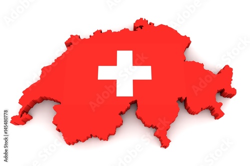 Country shape of Switzerland - 3D render of country borders filled with colors of Switzerland flag isolated on white background