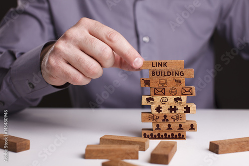 The concept of technology, the Internet and the network. Businessman shows a working model of business: Link building