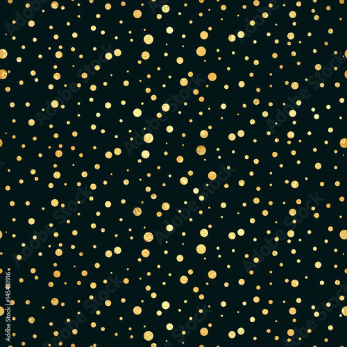 Gold circle seamless pattern. Abstract gold geometric modern background.Gold dots. Vector illustration. Shiny backdrop. Texture of gold foil. Art deco style. Polka dots, confetti.