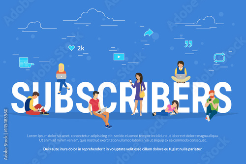 Subscribers concept illustration of young man and woman using laptop, digital tablets and smart phones for following interesting communities and networking. Flat design of people addicted to network