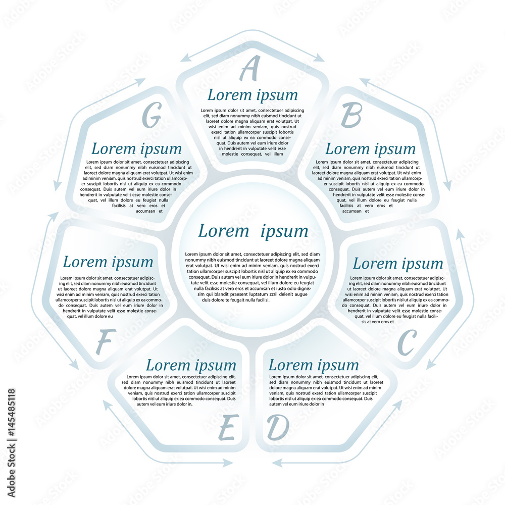 Circle infographic template with 7 steps and central element in form of ...