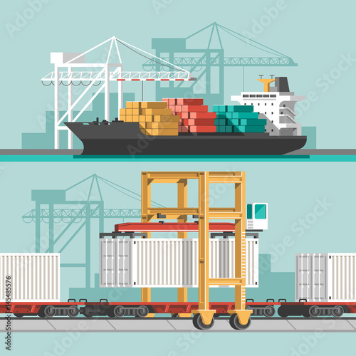 Delivery service concept. Container cargo ship, train loading, truck loader, warehouse, crane. Flat style vector illustration.