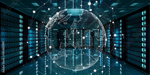 Earth network flying over server room data center 3D rendering