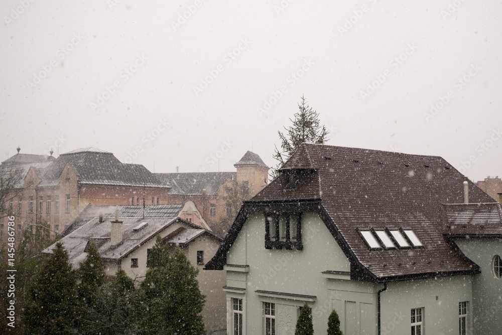 Roofs of buildings covered by snow during strong snowfall. Slovakia