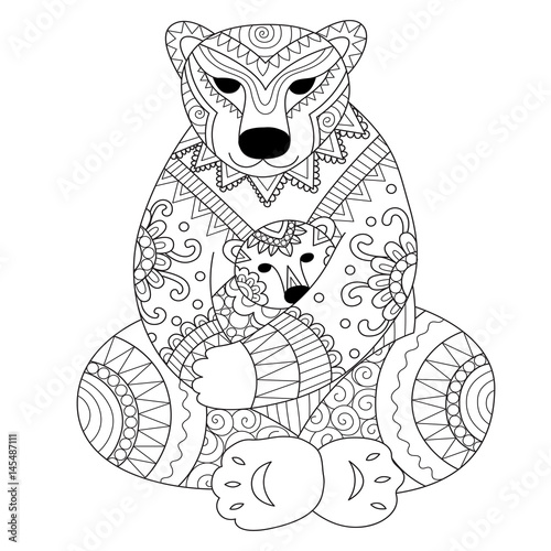 Polar bear mother cuddling her son in her arms zendoodle design for t - shirt design card adult coloring book page.. Vector illustration    