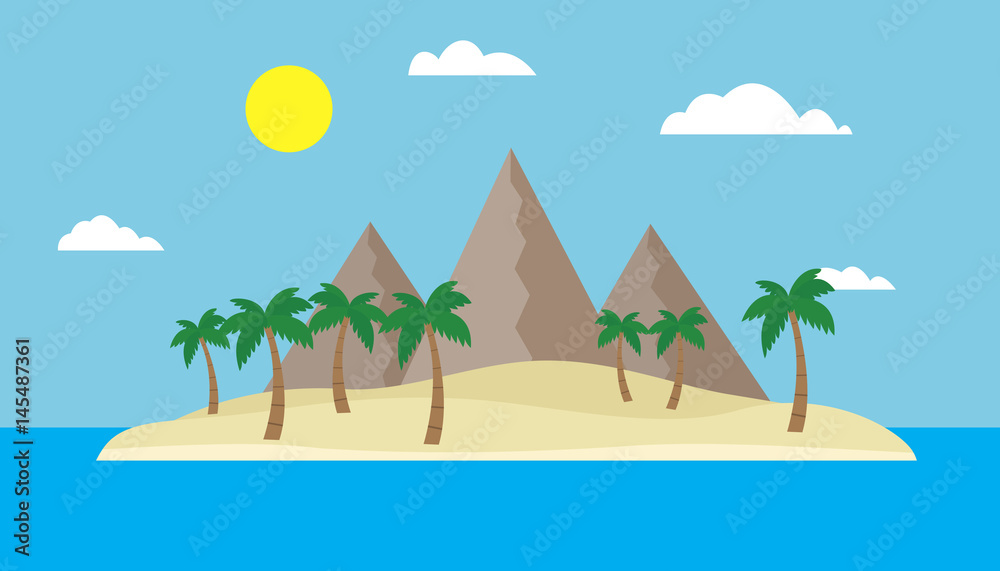 Cartoon view of a tropical island in the middle of an ocean or sea with a sandy beach, palm trees and mountains under a blue sky with clouds and sun on a bright summer day - vector, flat