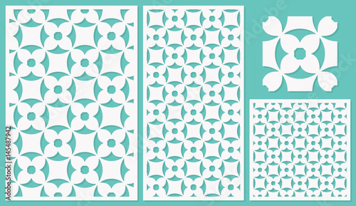 Set decorative panels-laser cutting, wood panel. Floral geometric pattern. The ratio 2:3, 1:2, 1:1, seamless. Vector illustration.