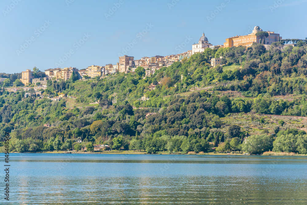 Panoramic view of Albano Lake coast, Rome Province, Latium, central Italy