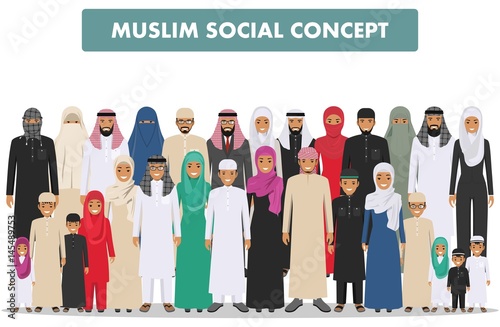 Family and social concept. Arab person generations at different ages. Group young and adults muslim people standing together in different traditional islamic clothes on white background in flat style.