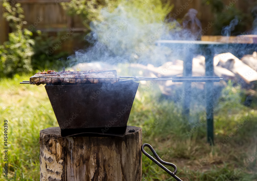 Barbecue outdoors. Smoke and fire in brazier for grilling the chicken. Barbecue outdoors. Smoke and fire in brazier for grilling the chicken.