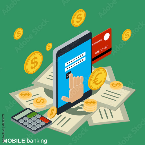 Mobile money transfer, payment, online banking, financial transaction flat isometric vector concept