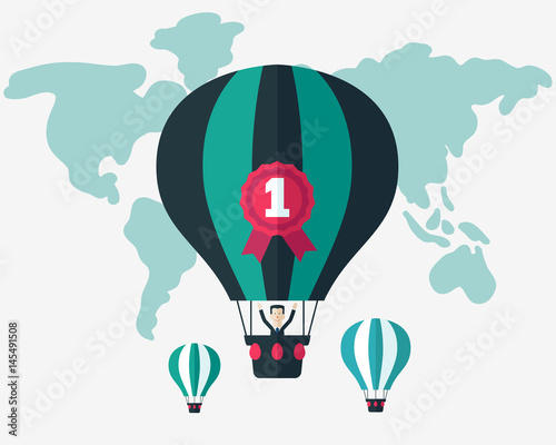 Businessman in a hot air balloon over world map. Success, growing and competition vector illustration