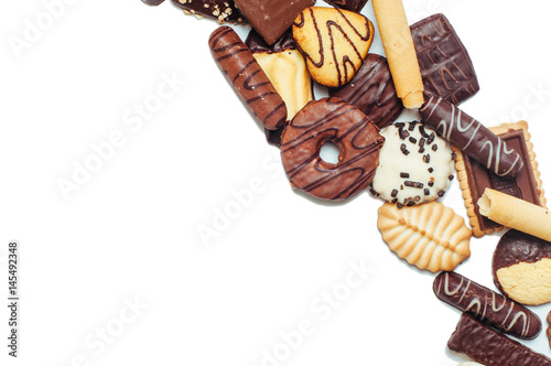 Close up of mixed biscuits isolated on white background