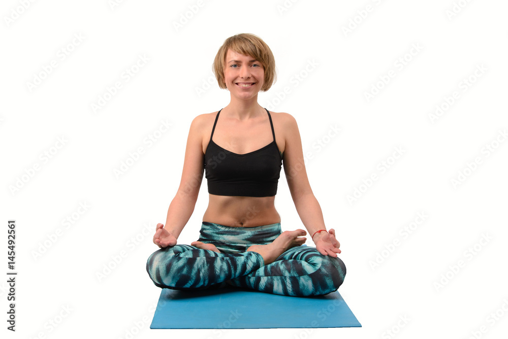 Beautiful blonde young woman doing yoga exercises on white background Beautiful blonde young woman doing yoga exercises on white background