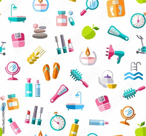 Beauty and health, background, seamless, color, white, vector. Care for body and face. Colored icons on white background. Flat, vector clip art. Seamless vector background. 