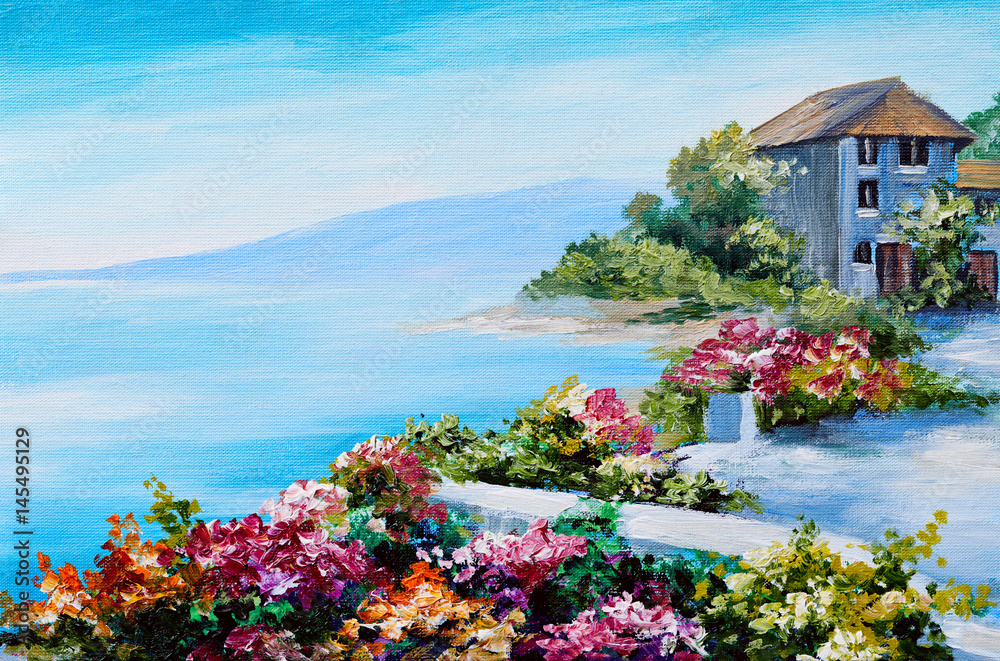 Obraz obraz olejny, dom blisko morza, wybrzeże morskie, kolorowe kwiaty, krajobraz lato