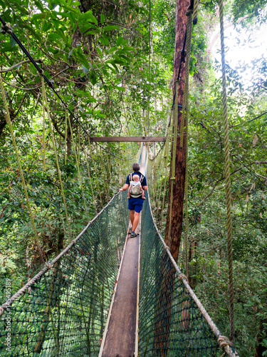 Man carrying a baby on the canopy walkway in Taman Negara National Park, Malaysia photo