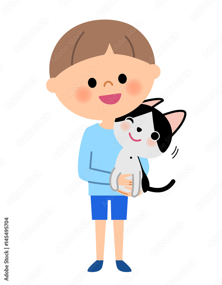 男の子 猫を抱く 男の子 猫を抱く