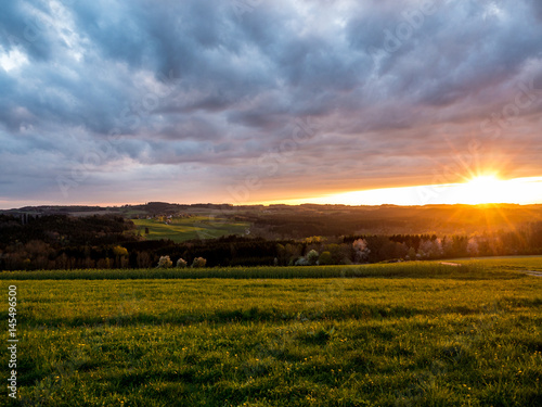 Beautiful sunset with dramatic cloudy sky and dandelions