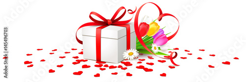 Geschenkbox mit Herz Schleife, Blumenstrauß und Herz Konfetti Boden