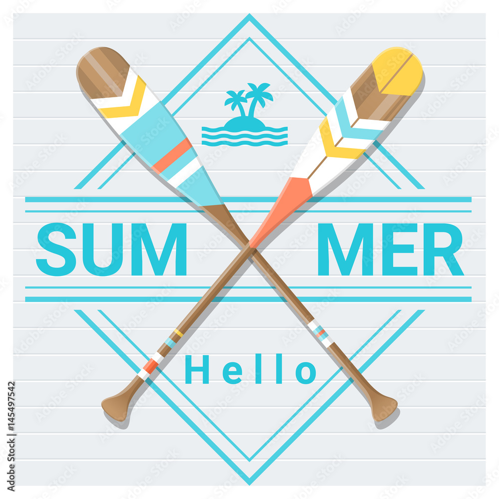 Fototapeta premium Hello summer background with painted canoe paddle , vector , illustration