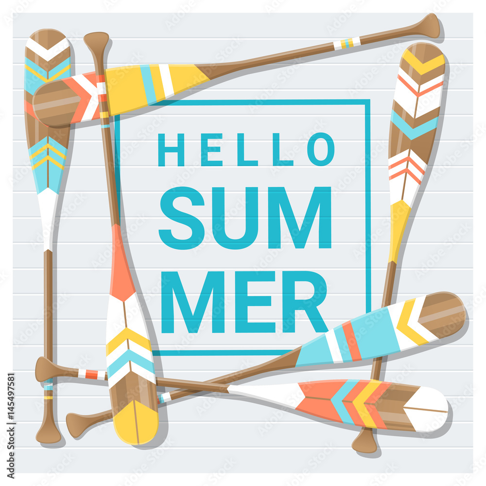 Obraz premium Hello summer background with painted canoe paddle , vector , illustration