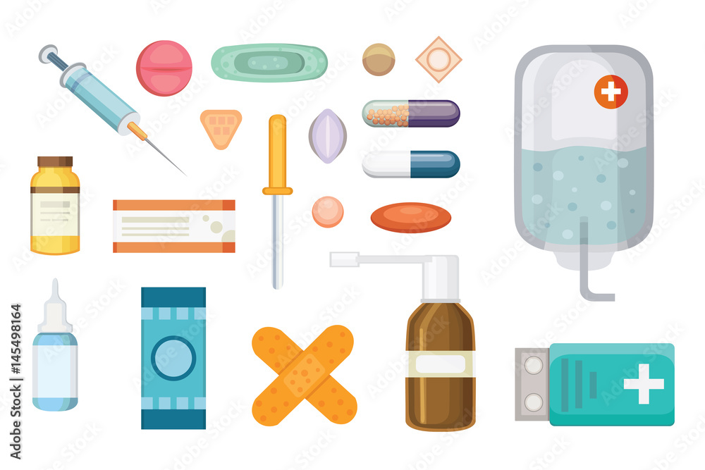 Cartoon medicaments. Different medical pills and bottles, healthcare and shopping, pharmacy, drug store. Vector illustration in flat style Cartoon medicaments. Different medical pills and bottles, healthcare and shopping, pharmacy, drug store. Vector illustration in flat style