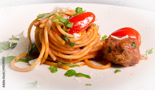Meatball and cherry tomato spaghetti