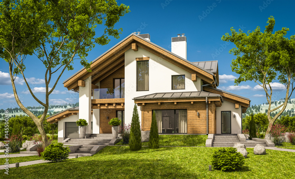 3d rendering of modern cozy house in chalet style