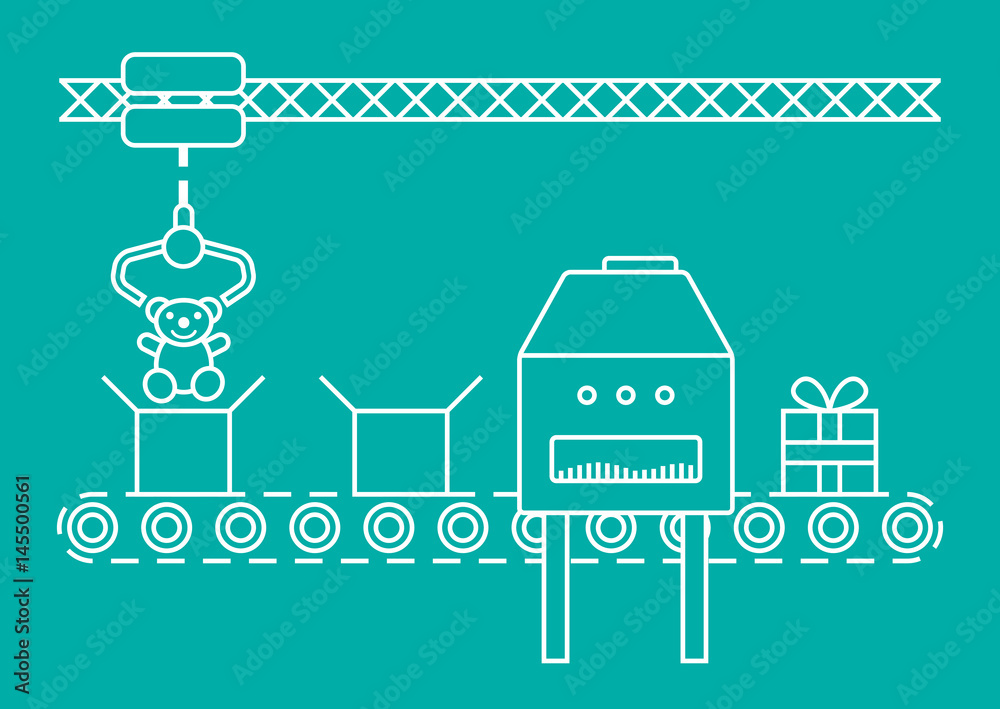 Thin line style assembly line. Automatic production conveyor. Robotic industry concept. Vector illustration.