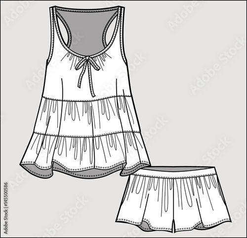 Silk pajama set. Romantic top and shorts. Isolated vector. 